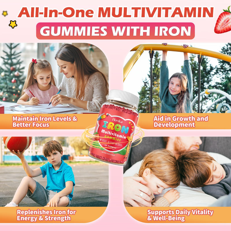 Iron Supplement Gummies for Kids with Multivitamin, Calcium, Zinc, Folate - Kids Iron Gummies Support Immune, Blood Builder, Iron Deficiency, Anemia & Energy - Vegan, Strawberry 60 Count 60 Count (Pack of 1)