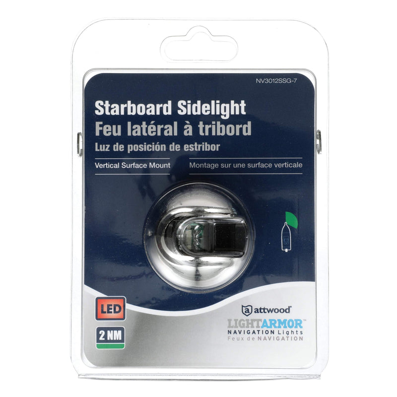Attwood NV3012SSG-7 LightArmor™ 2-Mile Vertical Surface Mount Navigation Light, Green LED Lighting, Round Stainless Housing Green (Starboard) One size Vertical Mount - Stainless Steel