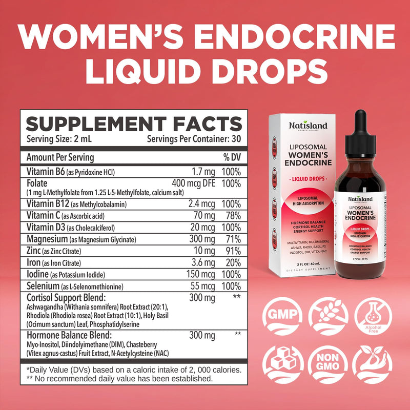 Liposomal Cortisol Supplement Liquid Drops, Women’s Endocrine Supplement, Cortisol Detox Manager Reducer with High Absorption Complex, for Stress Relief, Hormone Balanced for Women, 2 FL OZ