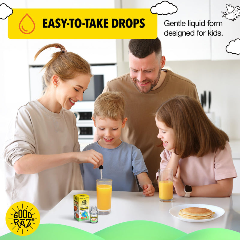 Good Rāz Vitamin D3 Drops for Kids 0.17 fl oz (5 ml) – Taste Free Liquid Dietary Supplement for Kids – Non-GMO, Gluten-Free, Kosher, Daily Liquid Vitamin in Easy Dropper Bottle