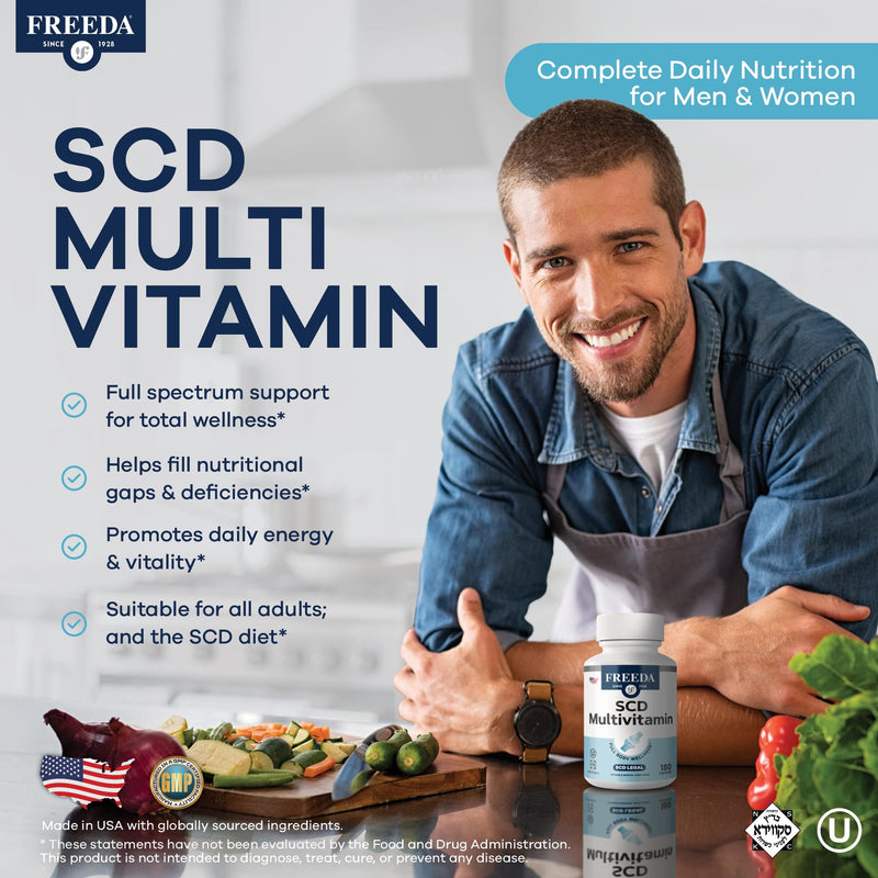 FREEDA SCD Multivitamin – Daily Multivitamin Supplement for Men & Women – Vegan, Gluten-Free, SCD Legal – Kosher Certified Adult Vitamins – Specific Carbohydrate Diet Friendly – 180 Capsules | SCD Legal Formula with Essential Vitamins & Minerals for Me...