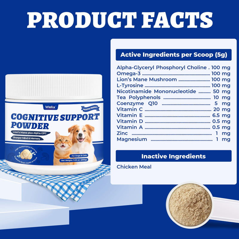 Wellix 7.05oz Natural Cognitive Powder for Senior Dog Supplements - Helps Support Dog Dementia,Boosts Immune System - Lion’s Mane Mushroom,Omega-3,Vitamins for Brain Health Supplements