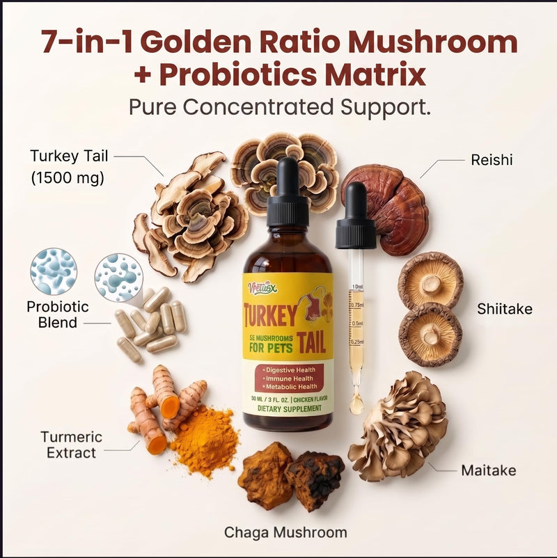 Turkey Tail Mushroom Supplement for Dogs - Liquid Immune Support Drops for Lumps & Bumps - 7-in-1 Blend with Turmeric & Probiotics, Chicken Flavor (90 ML)