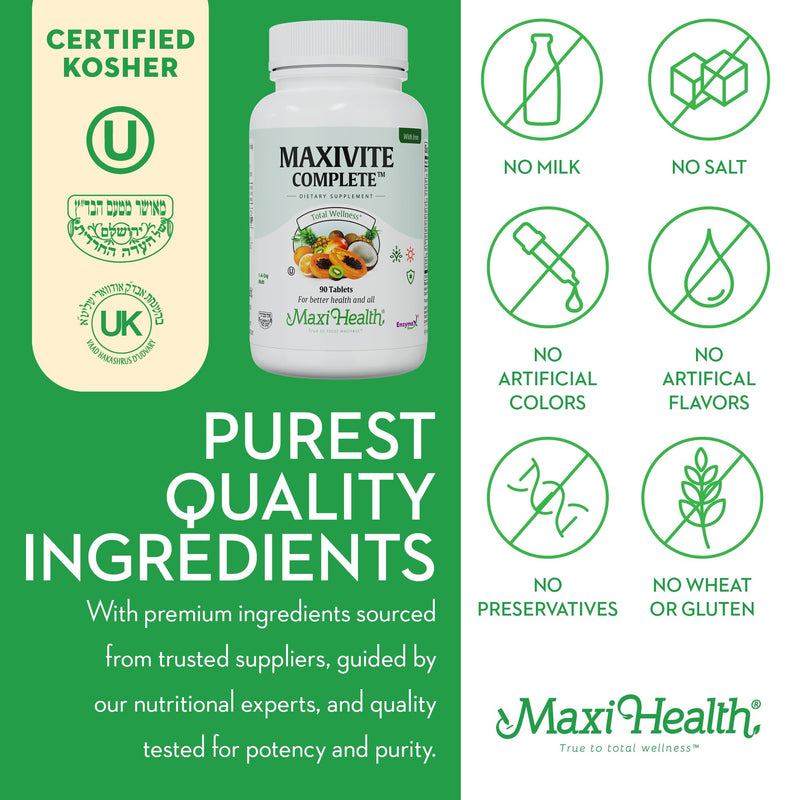 Maxi Health Multivitamin with Iron – Men & Womens Daily Multivitamins for Energy, Immune System, & Overall Wellness – Multi Vitamin with Vitamins A, B, C, D3, E, Zinc, & More – Kosher 90 Tablets