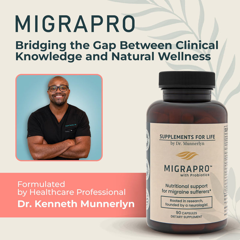 Dr. Munnerlyn's MigraPro with Probiotics, Brain and Gut Health, 90 Capsules | Contains Magnesium, Riboflavin, CoQ10, Ginger Root, Asian Ginseng, Vitamin C, Feverfew & Turmeric, Gluten Free, 30 Day Supply