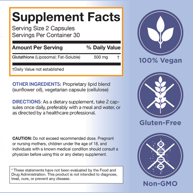 Liposomal Glutathione Supplement, 500mg, 60 Capsules | Reduced L-glutathione in liposomal veggie capsules; 500mg per serving, 30-day supply, vegan, non-GMO and gluten-free.