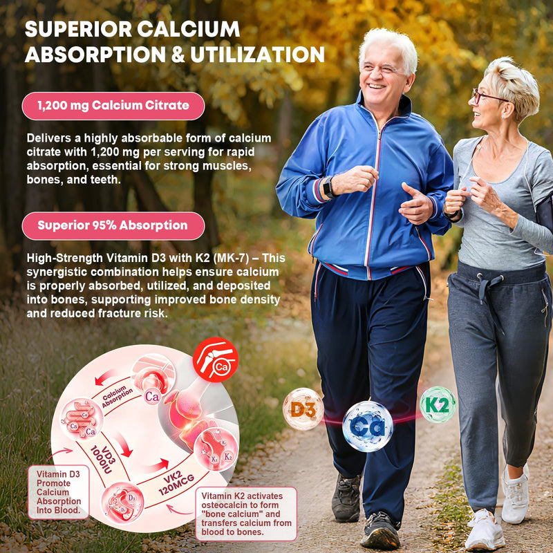 Calcium Citrate Gummies 1200 mg with Vitamin D3, K2 for Women & Men | High Absorption Calcium Supplements or Bone, Muscle & Immune Support, Sugar Free, Vegan, Peach Flavor, 60 Chews, 2 Pack