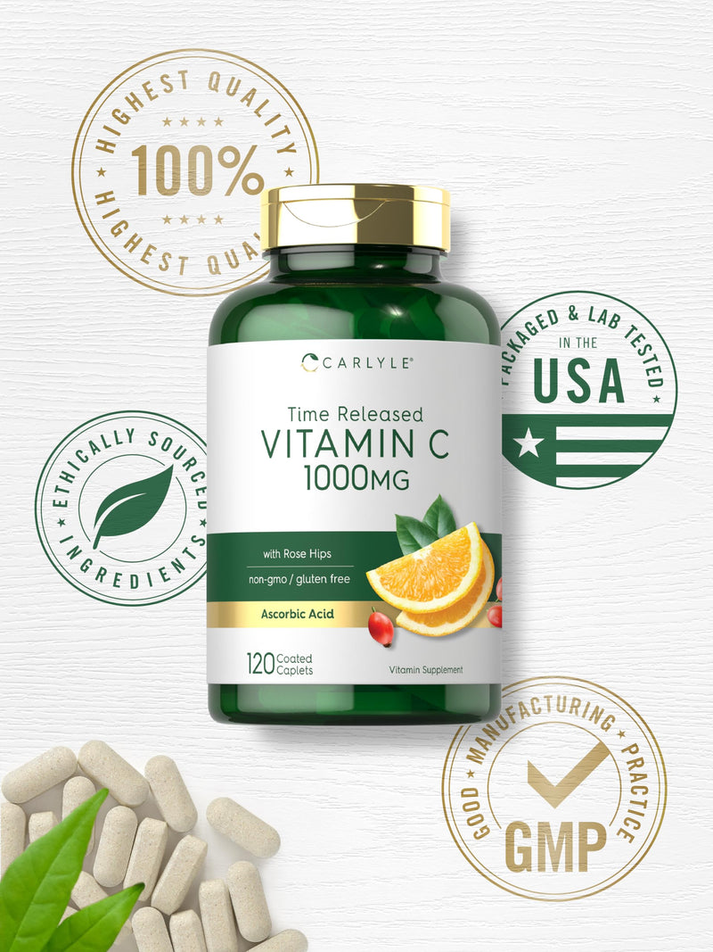 Carlyle Vitamin C 1000mg | Timed Release | 120 Vegetarian Caplets | with Rose Hips | Non-GMO & Gluten Free Supplement