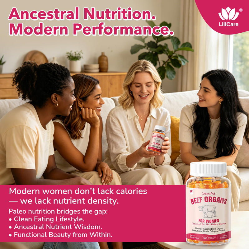 Beef Organ Supplement for Women Gummies, Ancestral Superfood Supplement, Grass-Fed Bovine Liver, Spleen, Ovary, Uterus, Placenta, Mammary Gland, Biotin for Beauty, Energy, Hormone, Sugar Free, 120 Cts 60 Count (Pack of 2)
