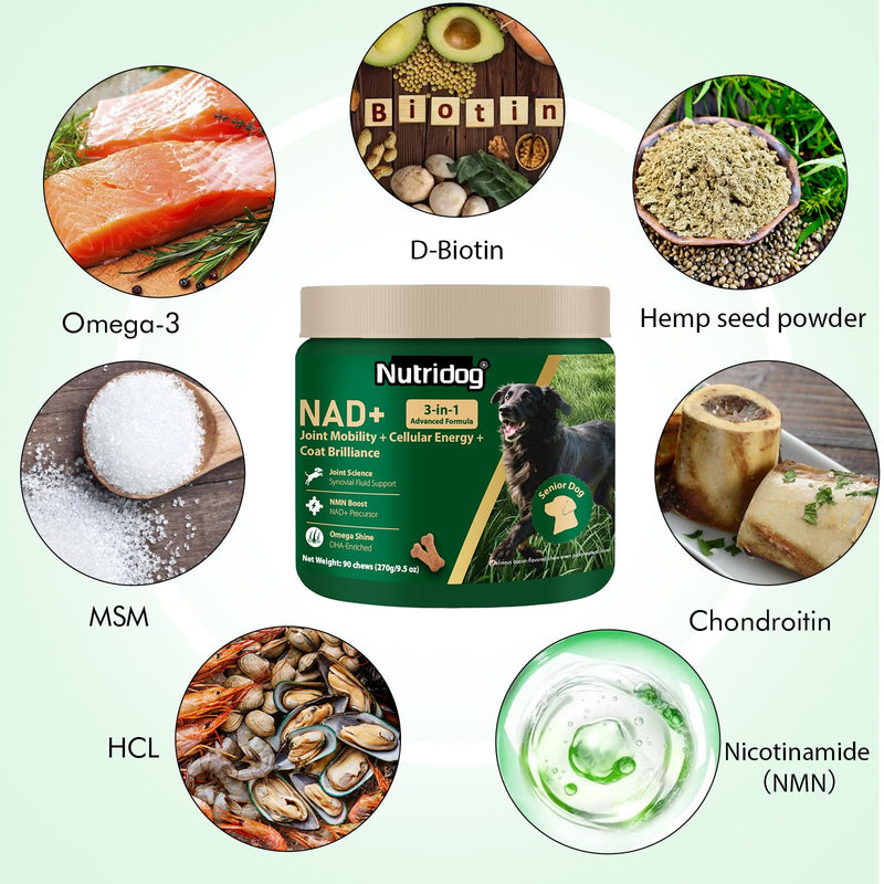 NMN Supplement for Dogs NAD+ Booster - Anti-Aging & Longevity Soft Chews for Senior Dogs with Resveratrol, CoQ10, Glucosamine & Omega-3-3-in-1 Cellular Energy, Joint & Skin Support Bacon 90Ct