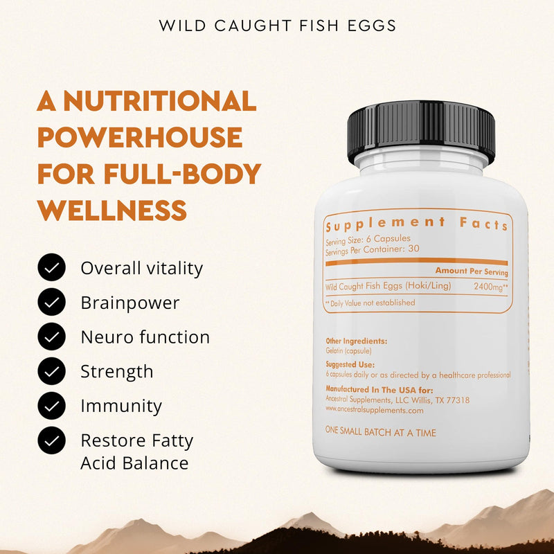 Ancestral Supplements Wild Caught Fish Eggs, Omega-3 Supplement, 180 Ct | 2400mg omega-3 fatty acids with EPA & DHA support brain, heart and fertility health, plus vitamin D, K2 and A. 180 Count (Pack of 1)