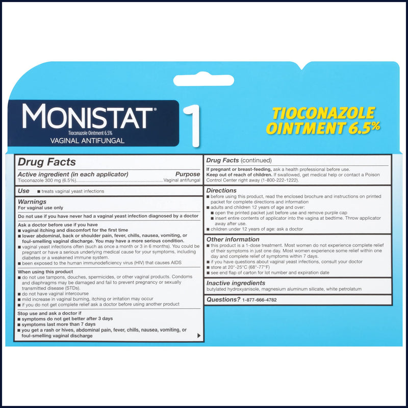 Monistat 1 Day Yeast Infection Treatment for Women, 1 Prefilled Tioconazole Ointment Applicator, 1 Pack 1 Day Tioconazole Ointment - BeesActive Australia
