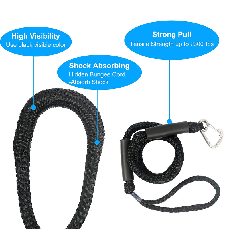 Boat Bungee Dock Lines with Clip 4 Pack Marine Rope Pontoon Boating Kayak Accessories, Black