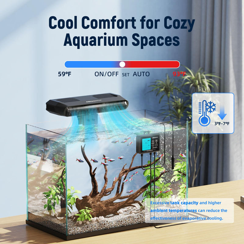 AQUASMITH Aquarium Chiller Fan,Fish Tank Cooler with Temperature Control,Minimum Setting 59℉,Auto Start/Stop,Refrigeration Effect 3-7℉,3-Speed Modes,for Axolotl Seawater Freshwater Coral Grass Tank Black