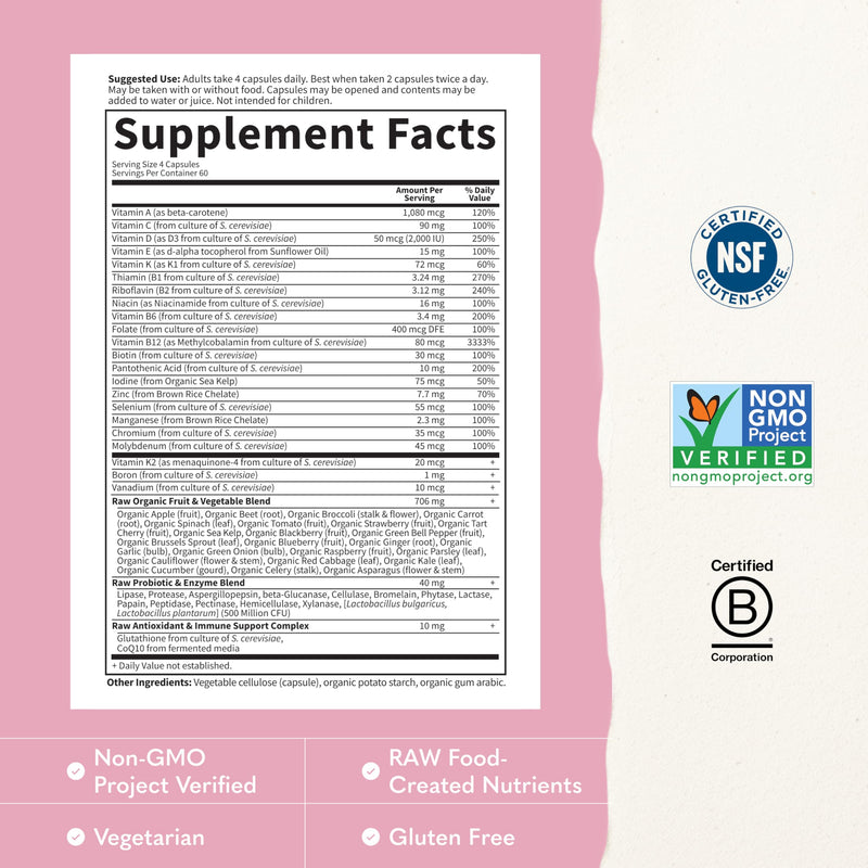 Garden of Life Vitamin Code Multivitamin for Women 50 & Over, 240 Capsules, Vitamins for Women 50 Plus with B Vitamins, Vitamins A, C, D3, E & K, CoQ10, Probiotics & Enzymes 240 Count (Pack of 1)