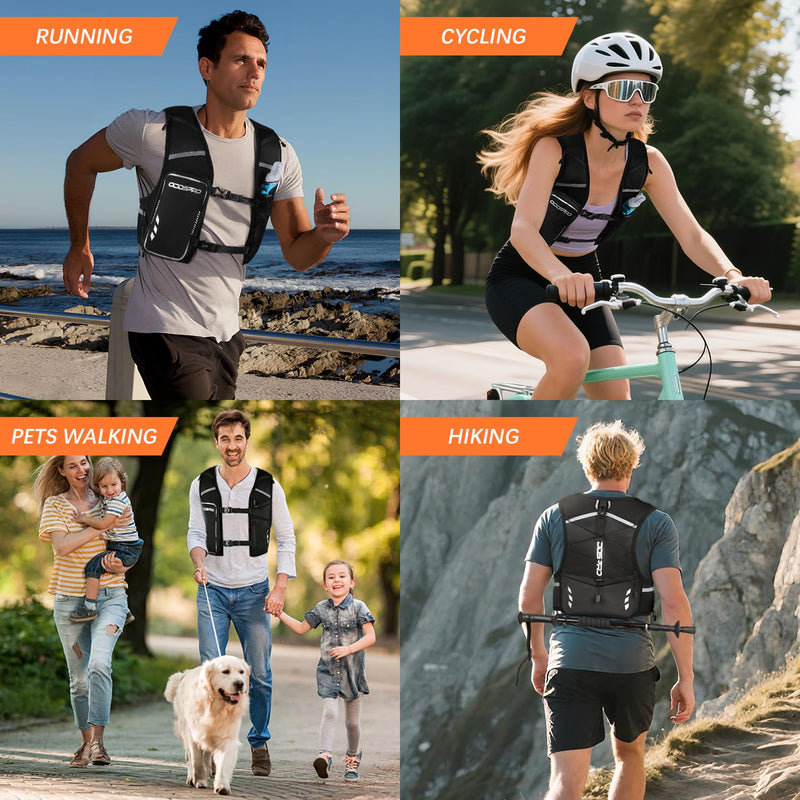 Running Vest for Women Men, Phone Pocket Running Hydration Vest with 500ML Soft Flask, Adjustable Chest Waist Straps, 10 Pockets Reflective Breathable Hydration Vest for Hiking, Biking, Marathon Medium - Large