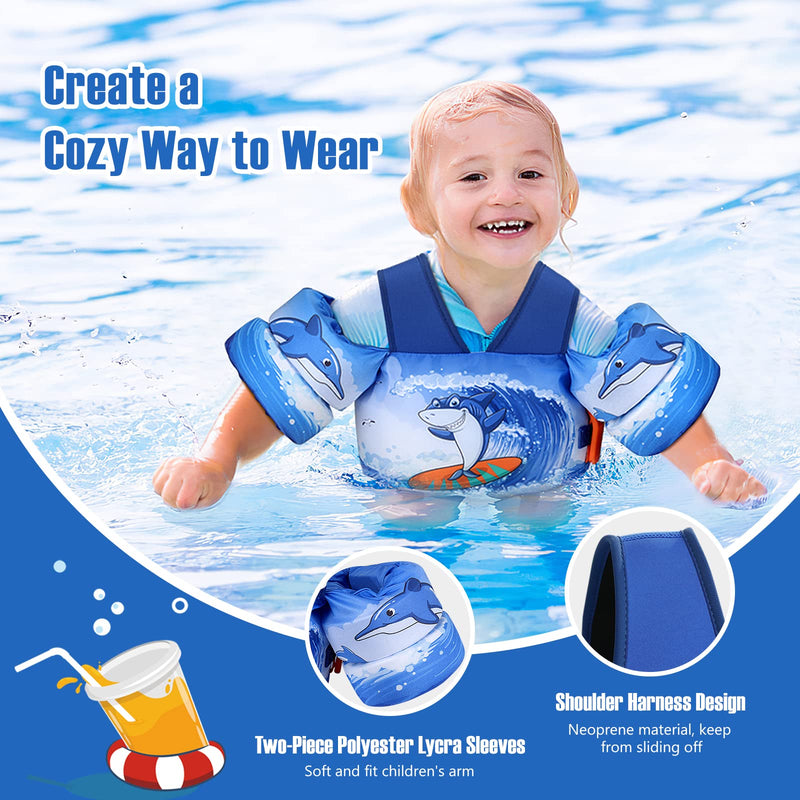 MoKo 13-30 lbs/30-70 lbs Toddler Floaties Arm Floaties, Toddler Swim Vest Cartoon Swim Arm Band for Kids with Crotch Strap Pool Float Vests Sleeves Shoulder Straps Learn to Swim Blue Surf Shark for kids 30-70 lbs - BeesActive Australia