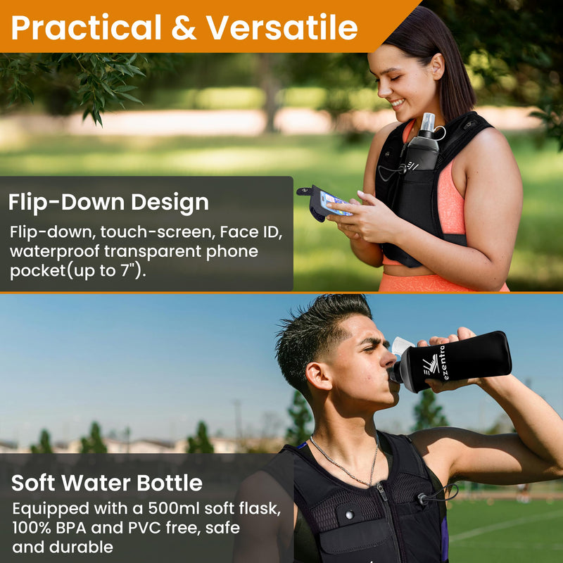 Running Vest Zip, Reflective Running Vests with 6 Pockets, 500ml Hydration Bottle, Adjustable Chest & Waistband, Breathable Material, Chest Pack Gear, Phone Holder, Men & Women Black XS- Small