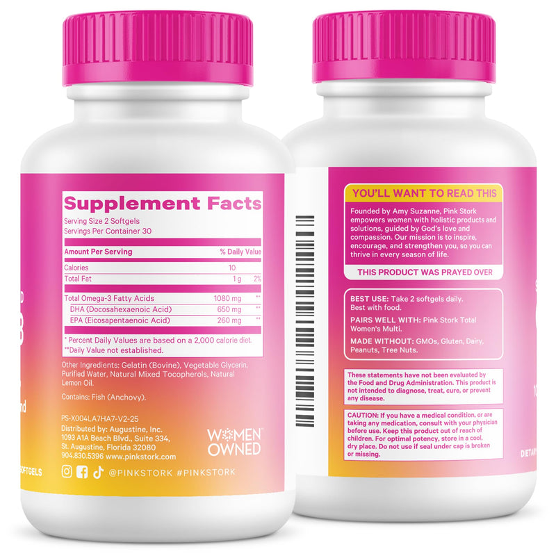 Pink Stork Omega 3 Fish Oil Supplements for Women, 60 Softgels | DHA + EPA, High Potency, Burpless, Mental Clarity, Cognitive Health, Fetal Brain + Nervous System Development, 2 Month Supply