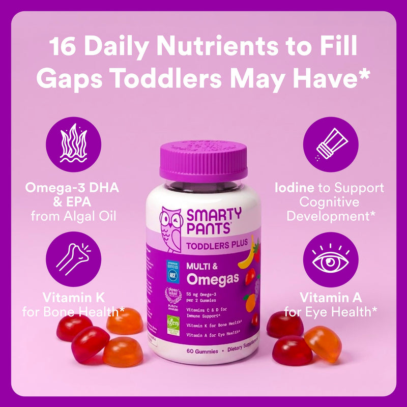 SmartyPants Toddler Plus Multi & Omegas Multivitamin Gummies, Omega 3 DHA/EPA, Vitamins D3, C, B12, B6, A, K, Zinc, Biotin, Gluten Free, Clean Label, Low Sugar, 3 Flavors, 120 Gummies (60 Day Supply) 120 Count (Pack of 1) Multi + Omega - 60 Day Supply
