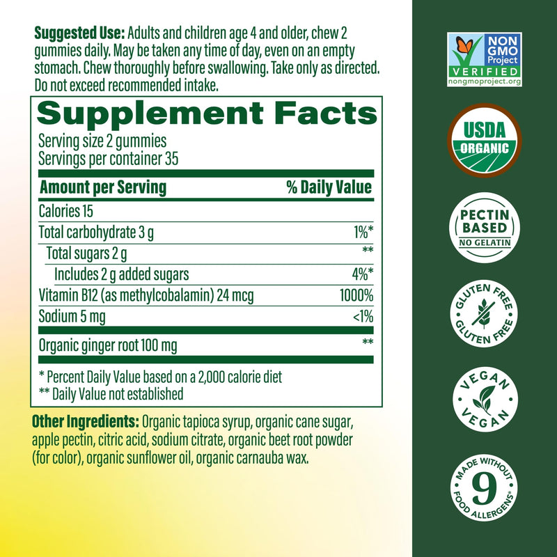 MegaFood Vitamin B12 Energy Gummies, USDA Organic, Ginger, 70 Gummies | With Methylated B12, Supports Cellular Energy, Brain & Nervous System Health, For Kids, Teens & Adults, Vegan, 35 Servings
