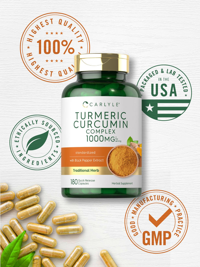 Carlyle Turmeric Curcumin with Black Pepper 1000mg | 180 Capsules | Turmeric Complex Supplement | Non-GMO, Gluten Free - BeesActive Australia