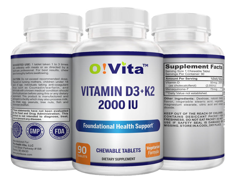 Vitamin D3 + K2 2000IU Chewable for Bone Health Support, 90 Vegetarian chewable Tablets, up to 3-Month Supply