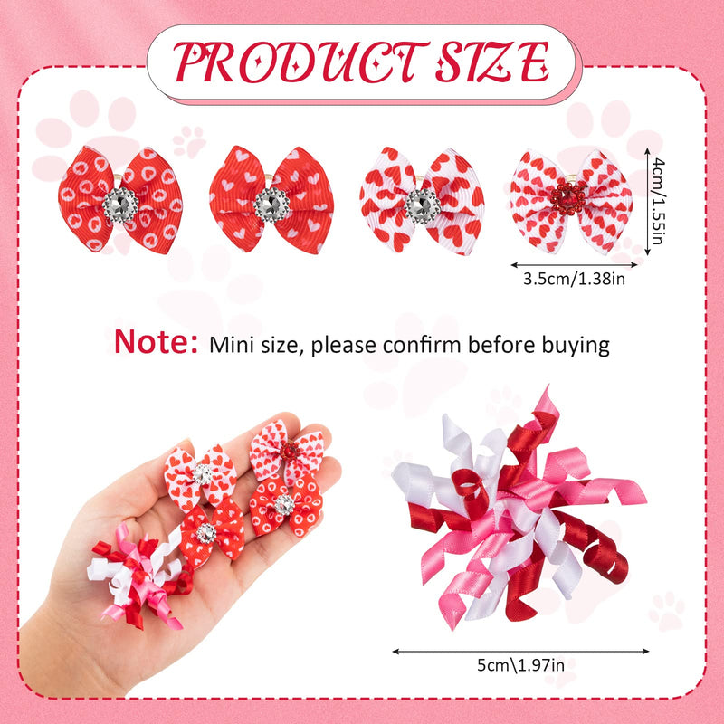Chuangdi 24 Pcs Valentine's Day Dogs Hair Bows for Pet Hair Bows with Rubber Band Ribbon Curly Dog Hair Bows Adorable Rhinestone Dog Bows Puppy Bows Cat Dog Hair Accessories Heart Pattern - BeesActive Australia