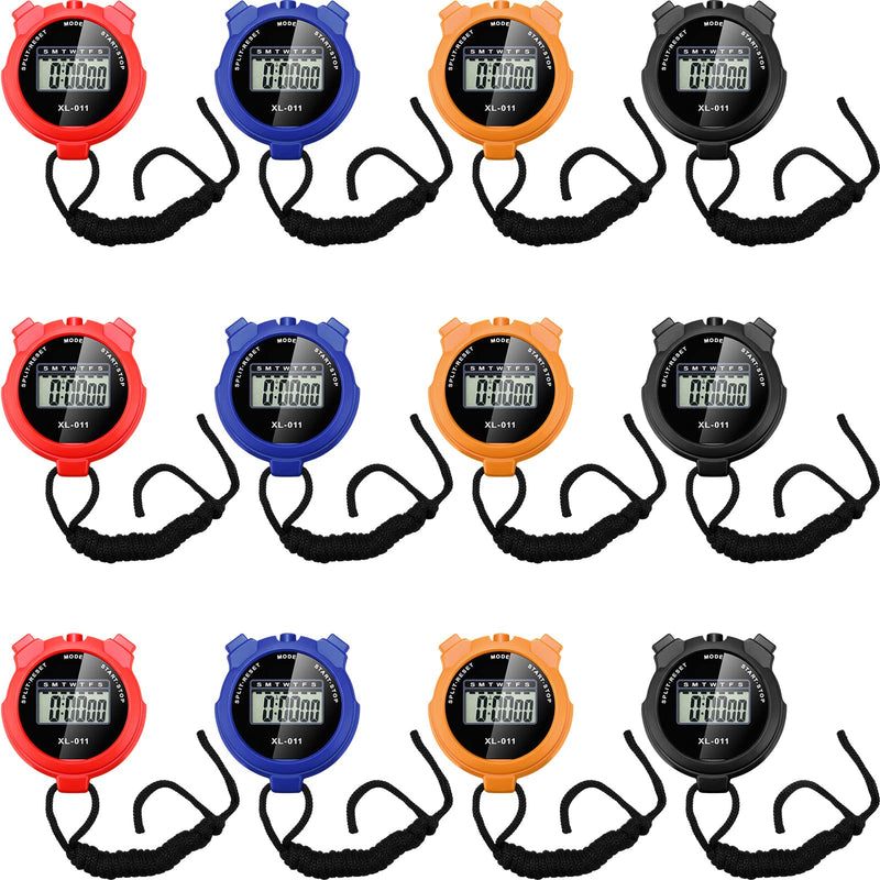 TOODOO 12 Pack Multi Function Digital Stopwatch Timer Bulk Sports Stopwatch with Lanyard Plastic Display Waterproof Date Time Alarm Timer for Coaches Fitness Referees Black Blue Red Orange - BeesActive Australia