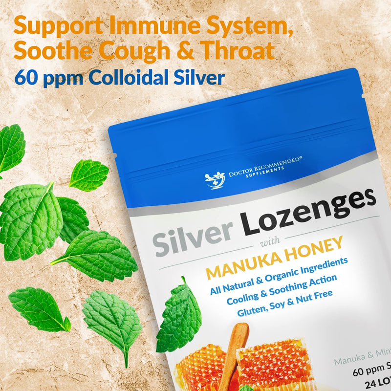 Silver Lozenges with Organic Manuka Honey and Vitamin C - All-Natural Nano Silver 45-50mcg of 60 PPM Colloidal Mineral Drops to Support Immune System, Soothe, Cool Cough & Throat, 96-Lozenges 24 Count (Pack of 4)