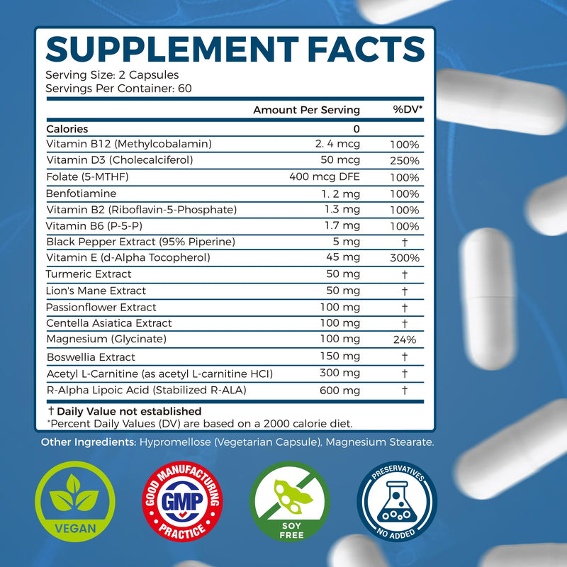 Neuropathy Supplements | R-Alpha Lipoic Acid 600mg | 120 Capsules | Neuropathy Blend with Vitamins E, B2, B6, B12, D3 & Magnesium | Antioxidant Support, Hands, Feet, Fingertips Health | Vegan