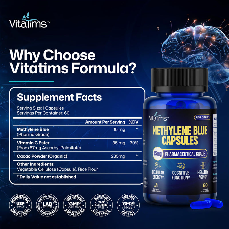 Methylene Blue Capsules 15mg - USP Grade Pharmaceutical Supplement, 99% Pure with Vitamin C Ester - Non-GMO, Vegan Pills for Focus, Memory & Cognitive Energy - 60 Count