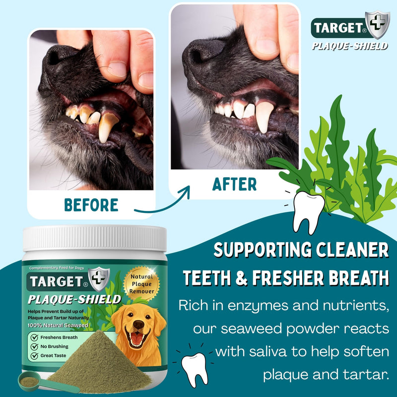 Target Plaque Shield | Seaweed Dental Powder for Dogs |150g | Helps Reduce Plaque & Tartar Build-Up, Fresh Breath Support | Dog Toothpaste & Toothbrush Alternative | Dental Stick Included