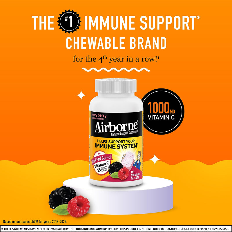 Airborne 1000mg Vitamin C with Zinc, Immune Support Supplement with Powerful Antioxidants Vitamins A C & E - 116 Chewable Tablets, Very Berry Flavor 116 Count - BeesActive Australia