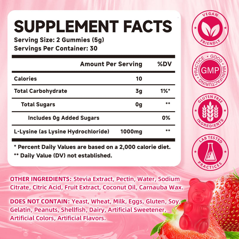 L-Lysine 1000mg Gummies, Chewable Lysine Supplement for Adults & Kids Immune Support, Essential Amino Acid, Vegetarian, Non-GMO, Sugar-Free, Gluten Free, Strawberry Flavor, 120 Counts 60 Count (Pack of 2)