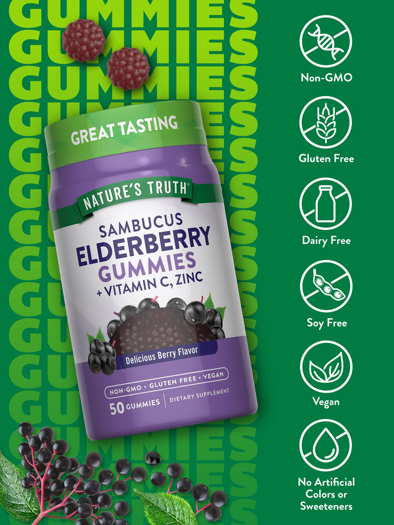 Nature's Truth Black Elderberry Gummies | 50 Vegan Gummies | with Vitamin C and Zinc | Berry Flavor | Vegan, Non-GMO, and Gluten Free Supplement | with Vitamin C and Zinc | Berry Flavor | Vegan, Non-GMO & Gluten Free Supplement 50 Count (Pack of 1)