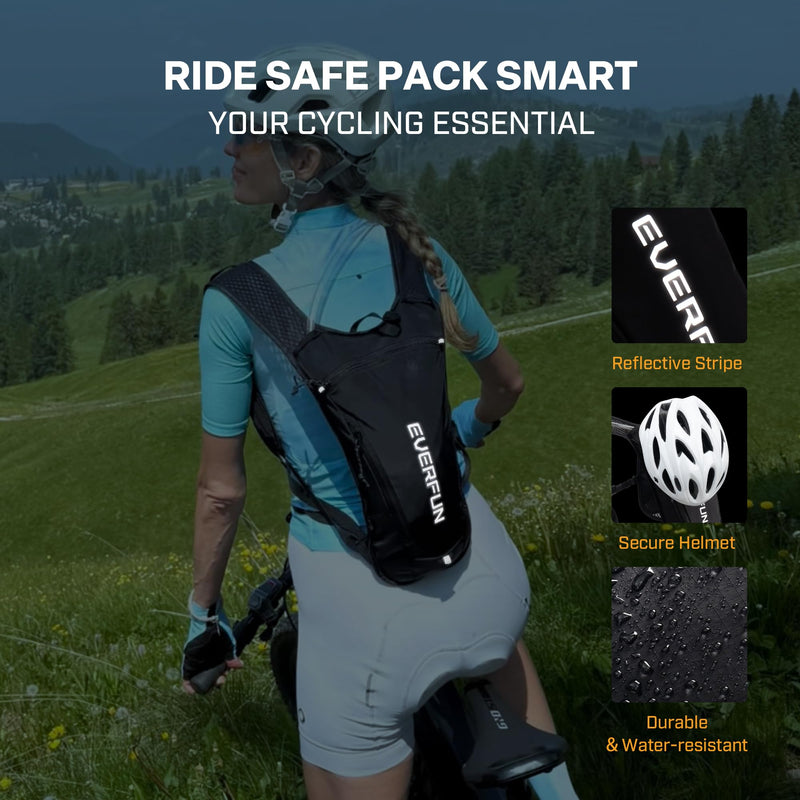EVERFUN Hydration Backpack Running Vest Small Hiking Water Backpack with 1.5L Water Bladder for Women Men, Lightweight Reflective Dayhike Hydro Pack for Trail Running, Biking, Race, Marathons Black