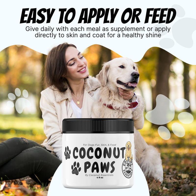 Coconut Essentials Coconut Paws - Dog Skin and Coat, Itching Relief, Hot Spot Treatment, Hair Loss, Cracked Paws, Elbows, Dry Nose | w/Organic Coconut Oil, Olive & Sunflower Oils | Vet Recommended 4oz