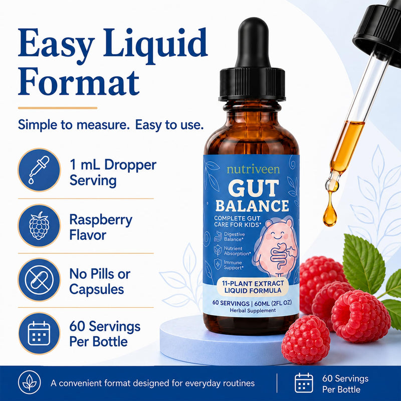 Gut Balance for Kids, 11-Plant Liquid, Raspberry, 60 Servings | Measured dropper, plant-based formula, no pills or capsules, simple daily use