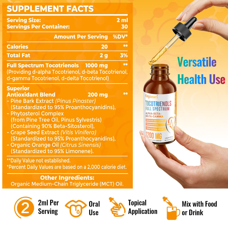 Full Spectrum of Tocotrienols Supplement 1200mg- Tocotrienol Vitamin E Liquid,Tocopherol-Free - Superior Antioxidant Blend - Higher Absorption - 2 fl oz,30 Servings 60 ml (Pack of 1) - BeesActive Australia