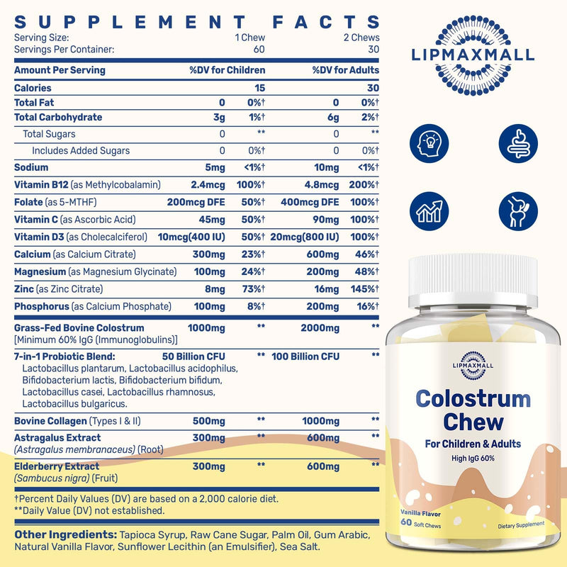 Bovine Colostrum Chews Supplement with 60% IgG for Humans Women Men Kids- for Immune, Gut, Bone, Joint, Cognitive, Overall Growth, from Grass-Fed Cows & Vanilla Flavor, 60 Soft Chews 60 Count (Pack of 1)