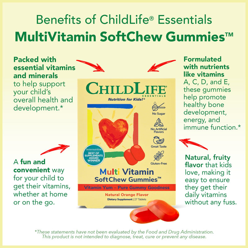 CHILDLIFE ESSENTIALS Kids Multivitamin SoftChew Gummies, Orange, 27 Tablets | Children's Vitamins, Multivitamin Gummies, Toddler Supplements, Chewable Vitamin, Sugar Free, Natural Flavor