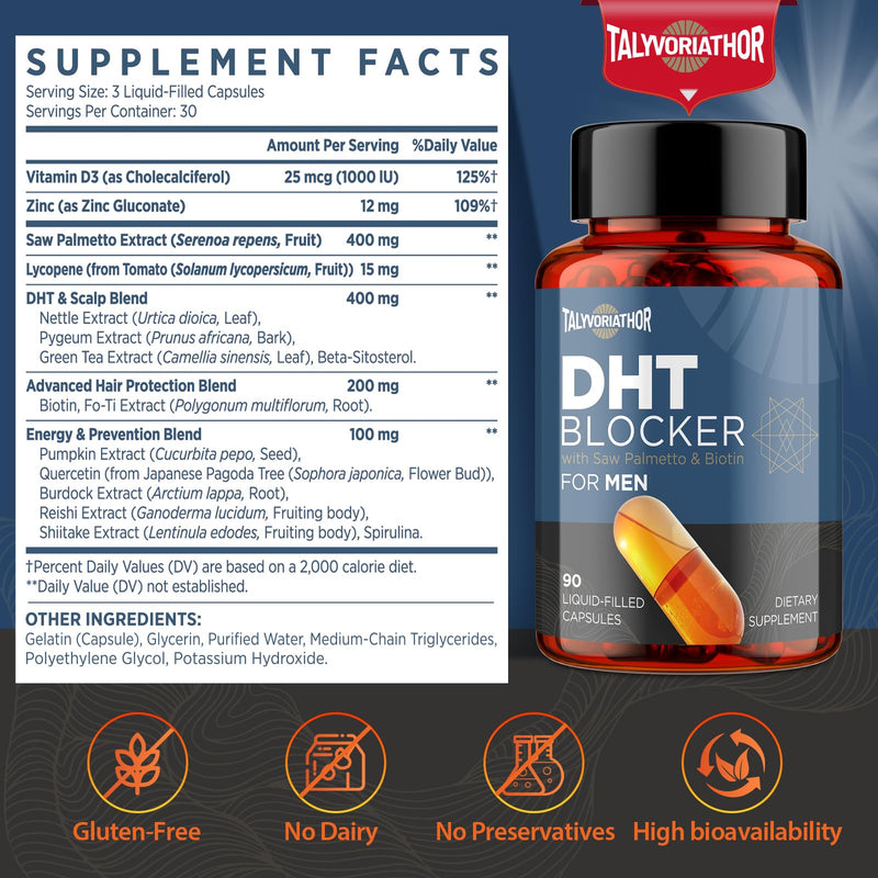 DHT Blocker for Men with Saw Palmetto & Biotin, Hair Growth Formula in Liquid-Filled Capsules, Hair Loss Supplements, Hair Regrowth Vitamins, Proprietary Herbal Blends - 90 Capsules(1 Bottle) 90 Count (Pack of 1) - BeesActive Australia