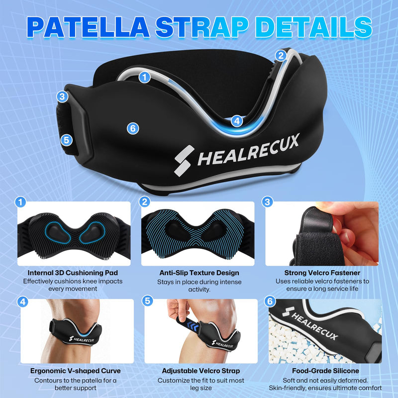 Patellar Tendon Support Strap, Silicone Patella Knee Strap, Non-Slip Patella Stabilizer Knee Band for Jumpers Knee, Tendonitis, Basketball, Volleyball, Squats - Black 2 Pack 1