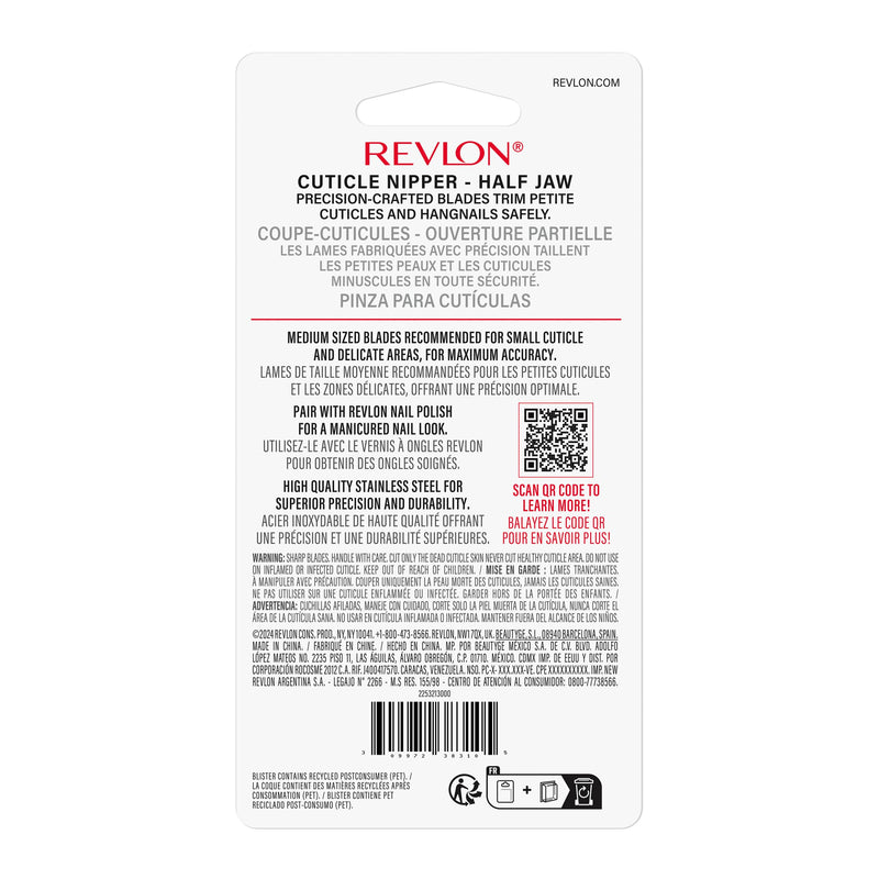 Revlon Half Jaw Cuticle Nipper, Manicure Tool for Nail Care, Hangnail Clipper, For More Precise Trims, Non-Slip Grip, Stainless Steel, 1 Count