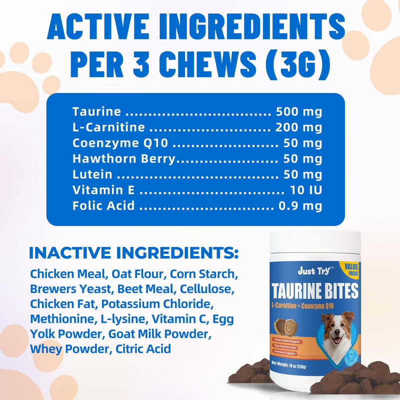 Just Try 18 oz. Taurine Supplement Coq10 for Dogs with L-Carnitine & Coenzyme Q10 Support Dog Heart, Immune and Eyes Health 18 Ounce