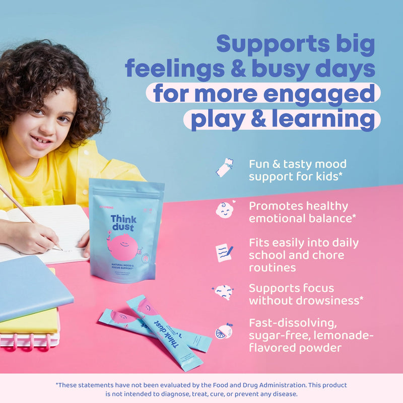 JoySpring Think Dust Kids Magnesium Sticks, Lemonade, 30 Servings | Bisglycinate form with L-theanine and saffron, supports calm and steady focus, sugar-free single-serve drink mix Safrron Stick
