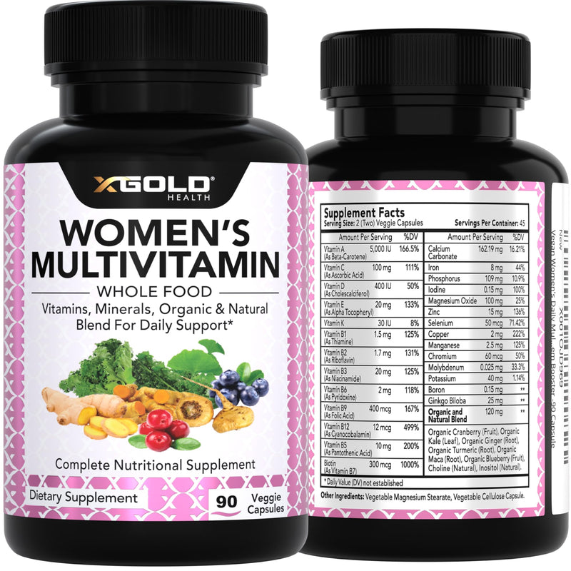 X Gold Health Vegan Women's Daily Multivitamin 50 Plus Organic WholeFood | Based Natural Ingredients, Ginger, Maca, Multi-Vitamin B Complex & More - Energy Support, Immune System Booster -90 Capsules
