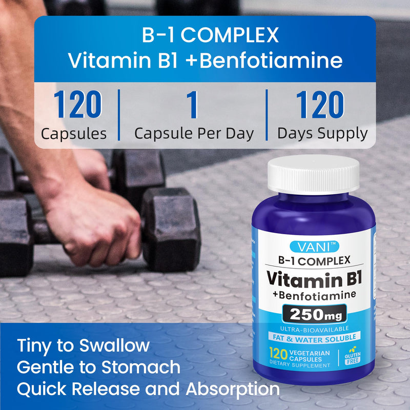 VANI 250mg Vitamin B1 with Benfotiamine, Complex 2 in 1 Enhanced Formula -Fat & Water Soluble Thiamine B1 Supplement | 120 Capsules | Gluten Free