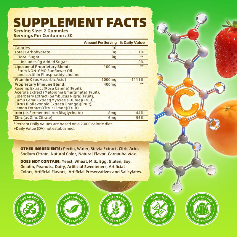 softbear Liposomal Vitamin C Gummies for Adults & Kids 1000mg, Chewable Vitamin C Supplement for Immune Support, Vegan/Organic/Sugar Free VIT C Gummies, Strawberry Flavor 60 Count 60 Count (Pack of 1)
